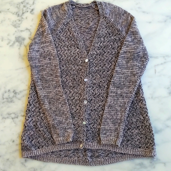 Cotton Blended Multicolor Yarn Knit Pattern High Low V-Neck Cardigan Sweater. - Picture 3 of 4